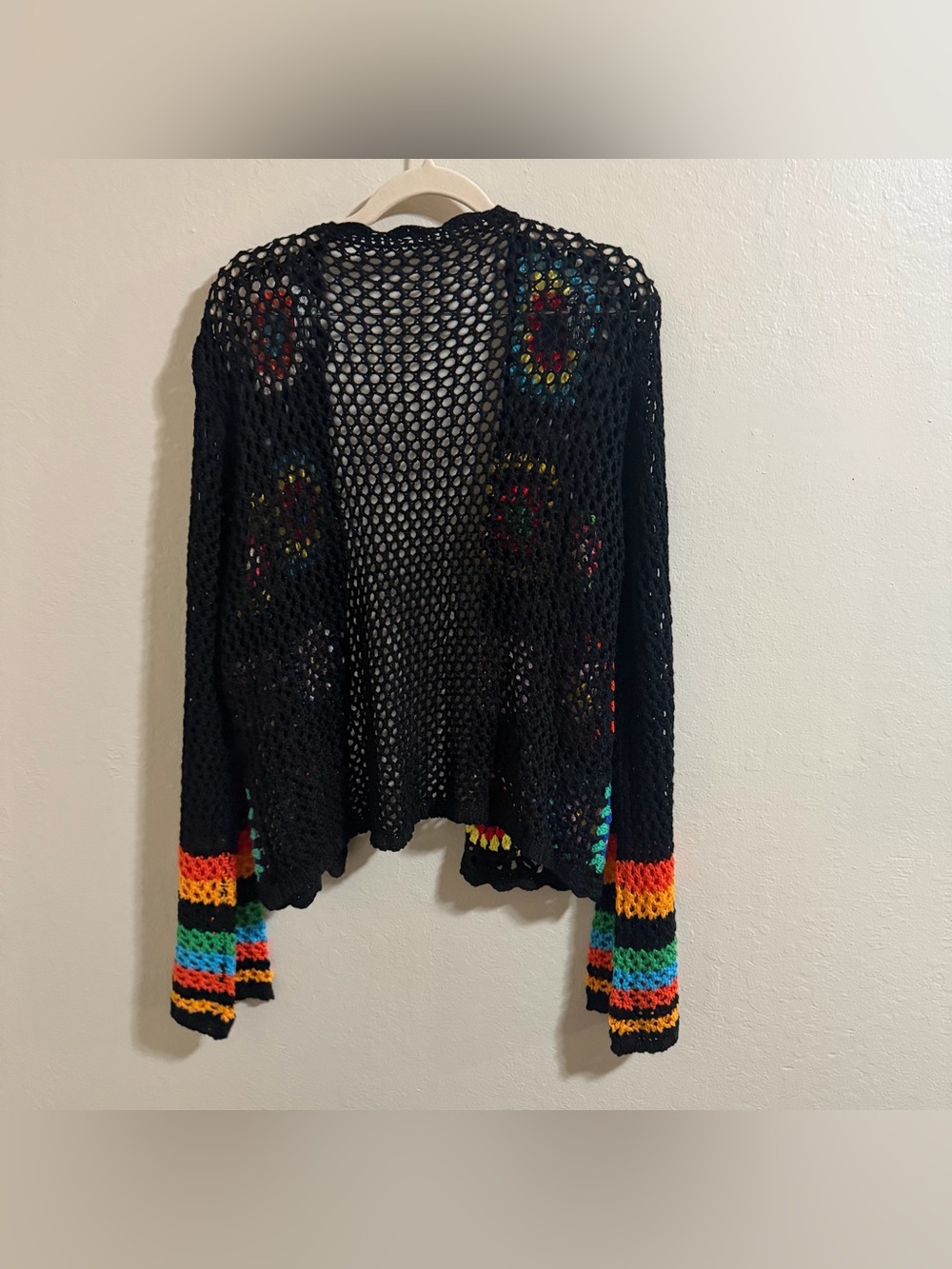 Open Crochet Black Cardigan Multicolor Knit Boho Festival Granny Square - Picture 7 of 7